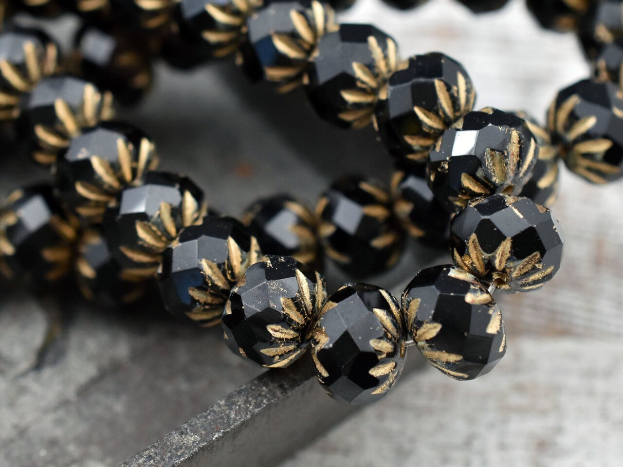 *25* 6x9mm Gold Washed Matte Jet Black Cruller Rondelle Beads